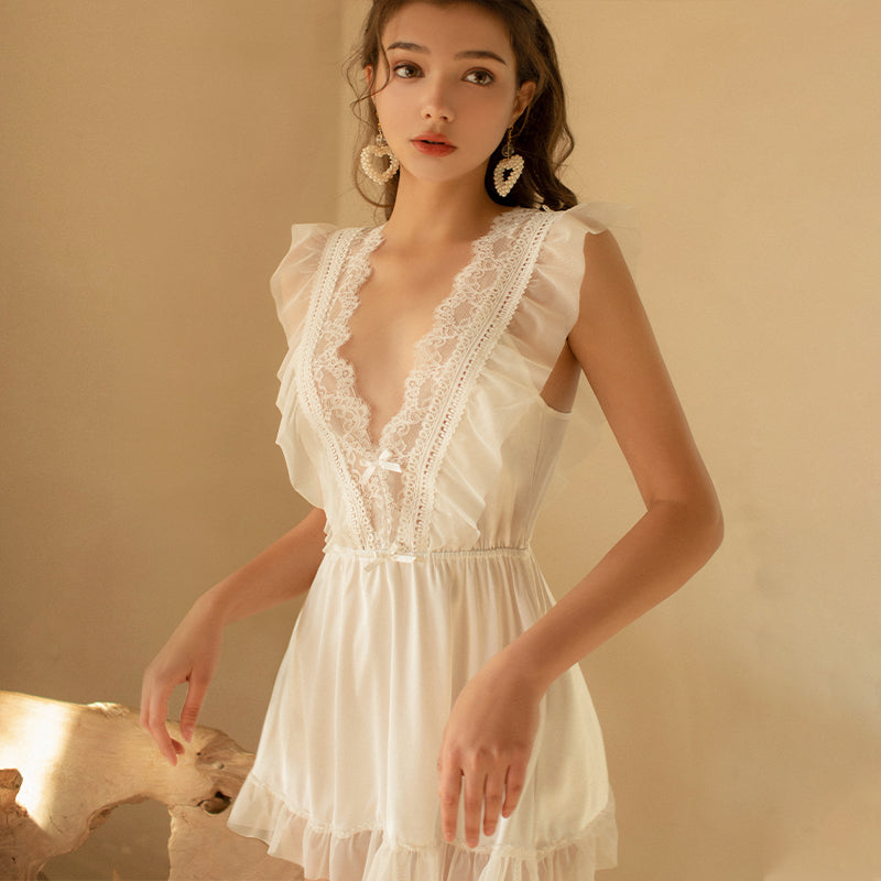 V-neck white nightgown